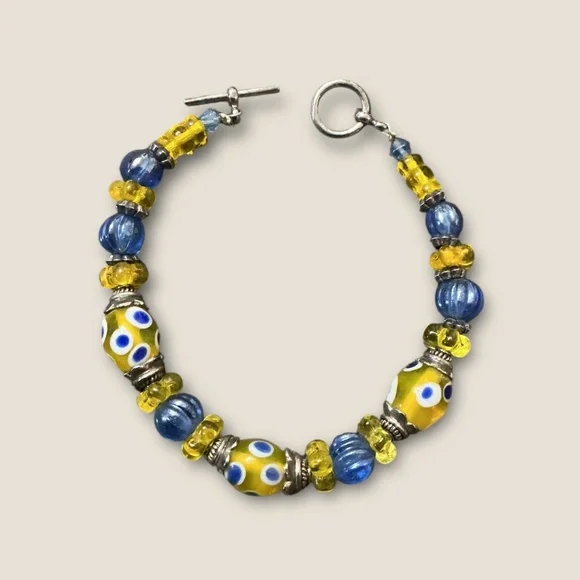 Yellow and Blue Vintage Artisan Glass Beaded Bracelet - Picture 2 of 2
